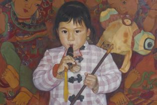 Qin Da Hu, Girl, signed and dated 2.92, inscribed verso and bearing a Schoeni Art Gallery Ltd label,