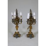 A pair of ormolu and bronze four branch candelabra lamps, one arm AF, 58cm high