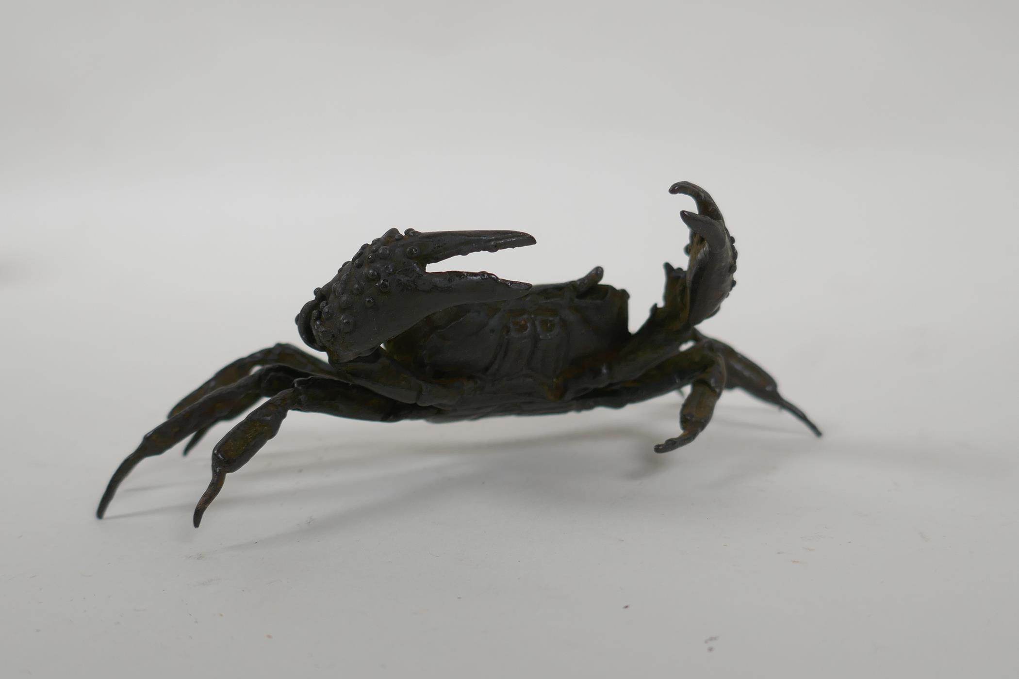A Japanese style bronze okimono crab, impressed mark to base, 13cm wide - Image 2 of 4