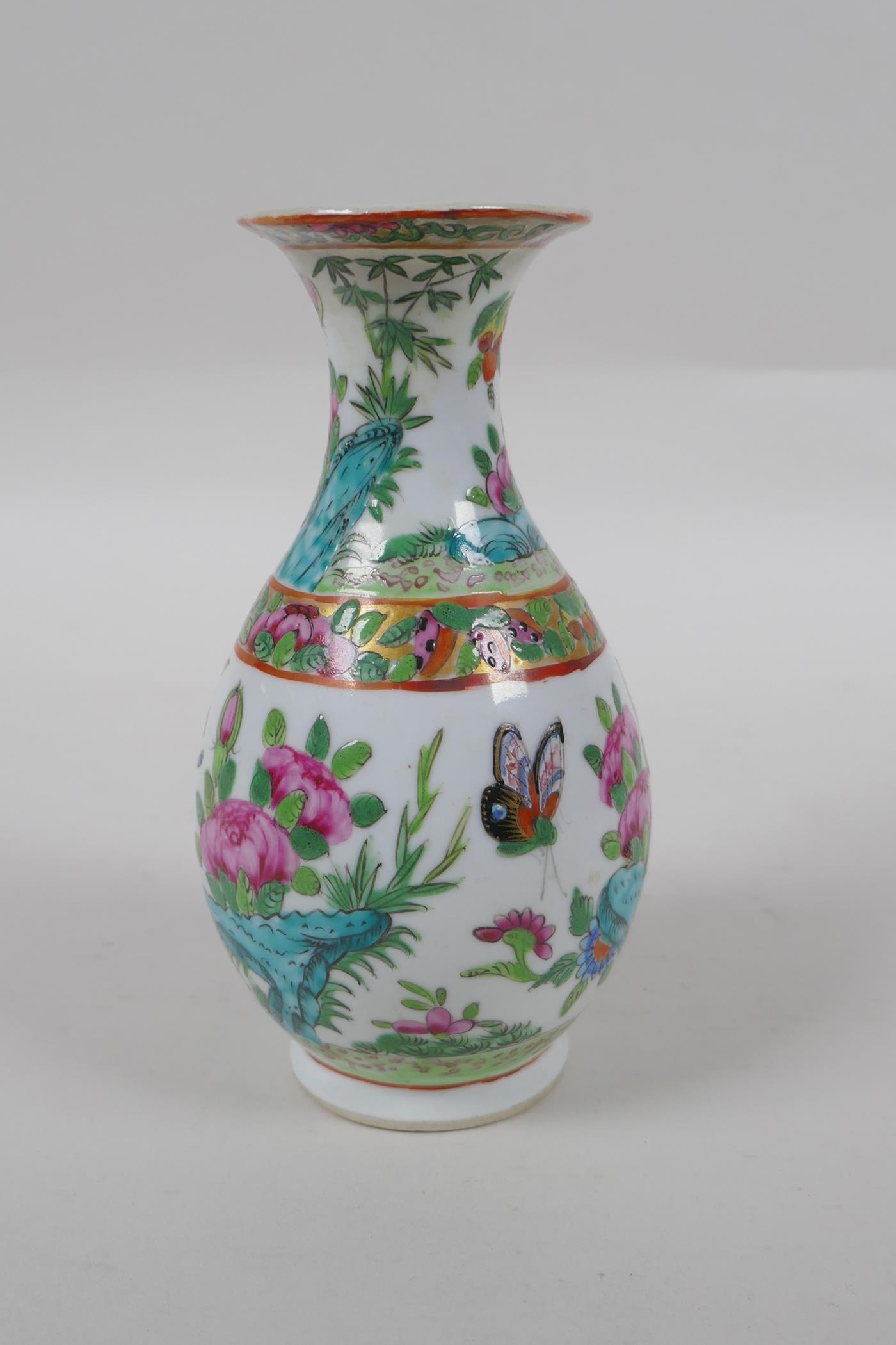 A late C19th Cantonese famille vert porcelain vase decorated with birds and butterflies amongst - Image 4 of 7