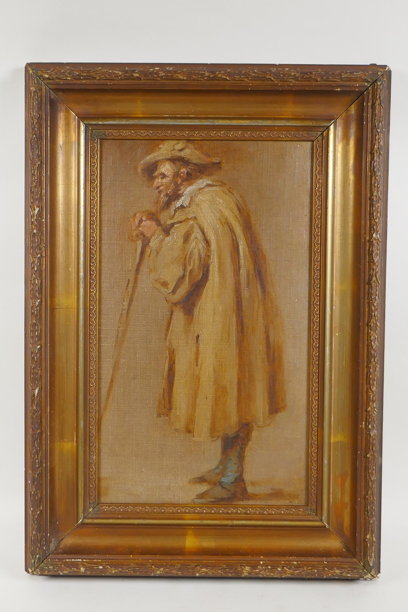 Dutch School, portrait of a man in a cloak, antique oil on canvas laid on board, 33 x 19cm - Image 2 of 3