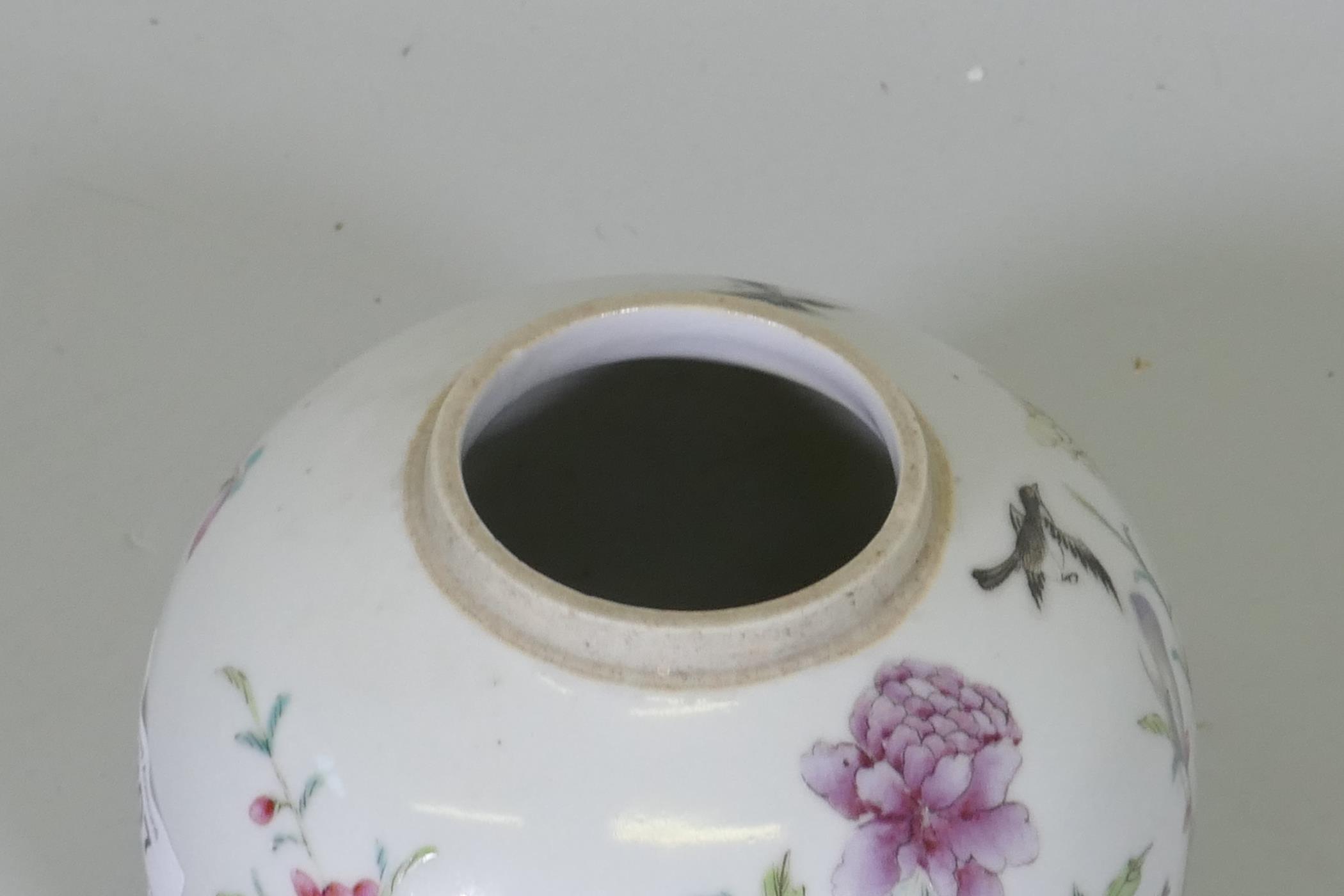 An antique Chinese famille verte storage jar, with enamel painted decoration of a rock garden, and - Image 5 of 6