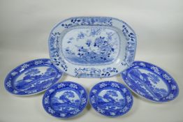 A pair of Wedgwood blue and white 'Fallow Deer' transfer printed bowls and a pair of matching oval
