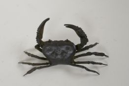 A Japanese style bronze okimono crab, impressed mark to base, 13cm wide