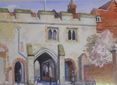 Diana Snagge, Kings Gate Arch, Winchester, signed, watercolour, 12 x 6cm, and Mary Hardcastle,