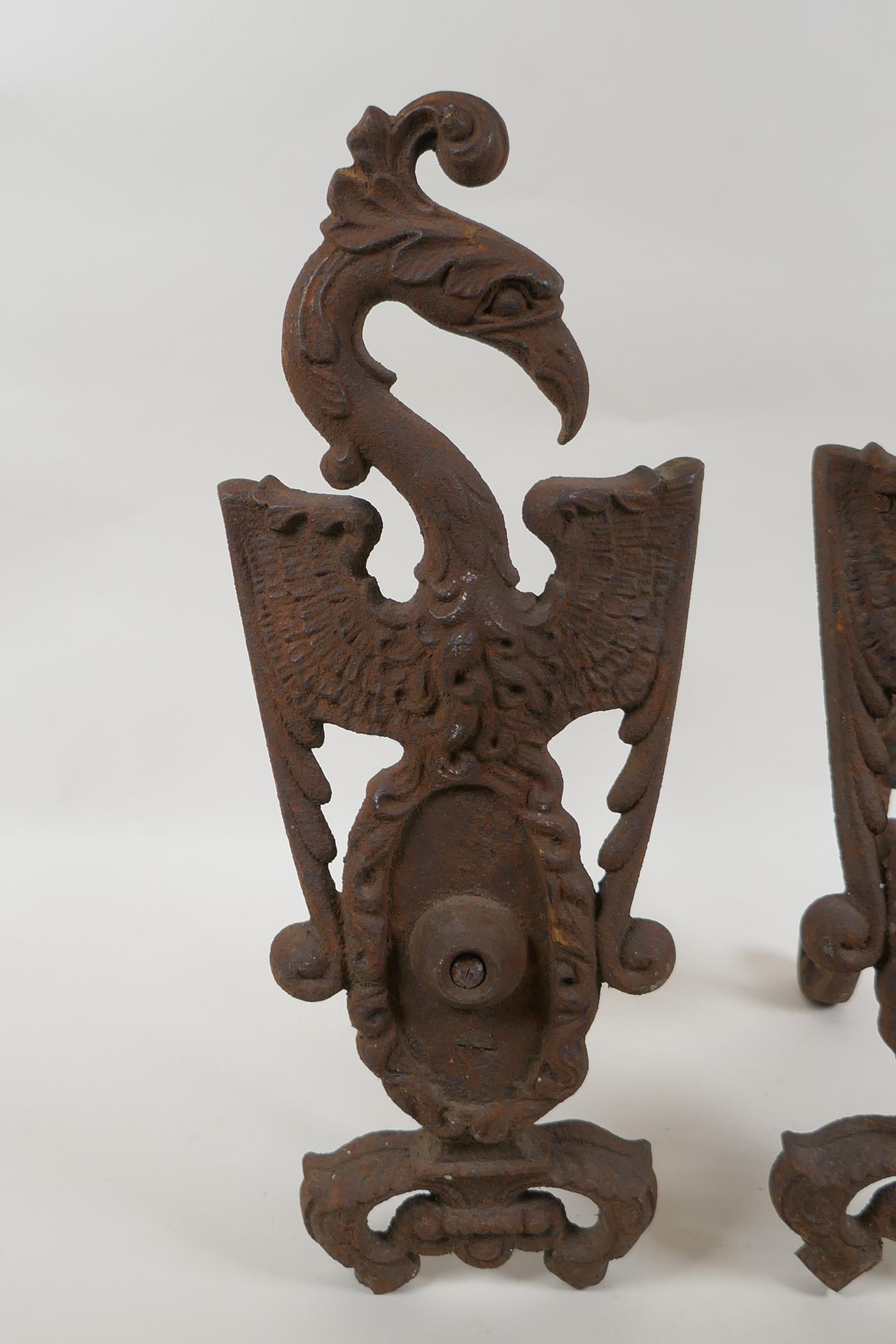 A pair of antique cast iron fire andirons in the form of phoenix, 40cm high - Image 2 of 2