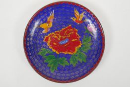 A Chinese cloisonne dish decorated with birds and flowers on a blue ground, auspicious symbol and
