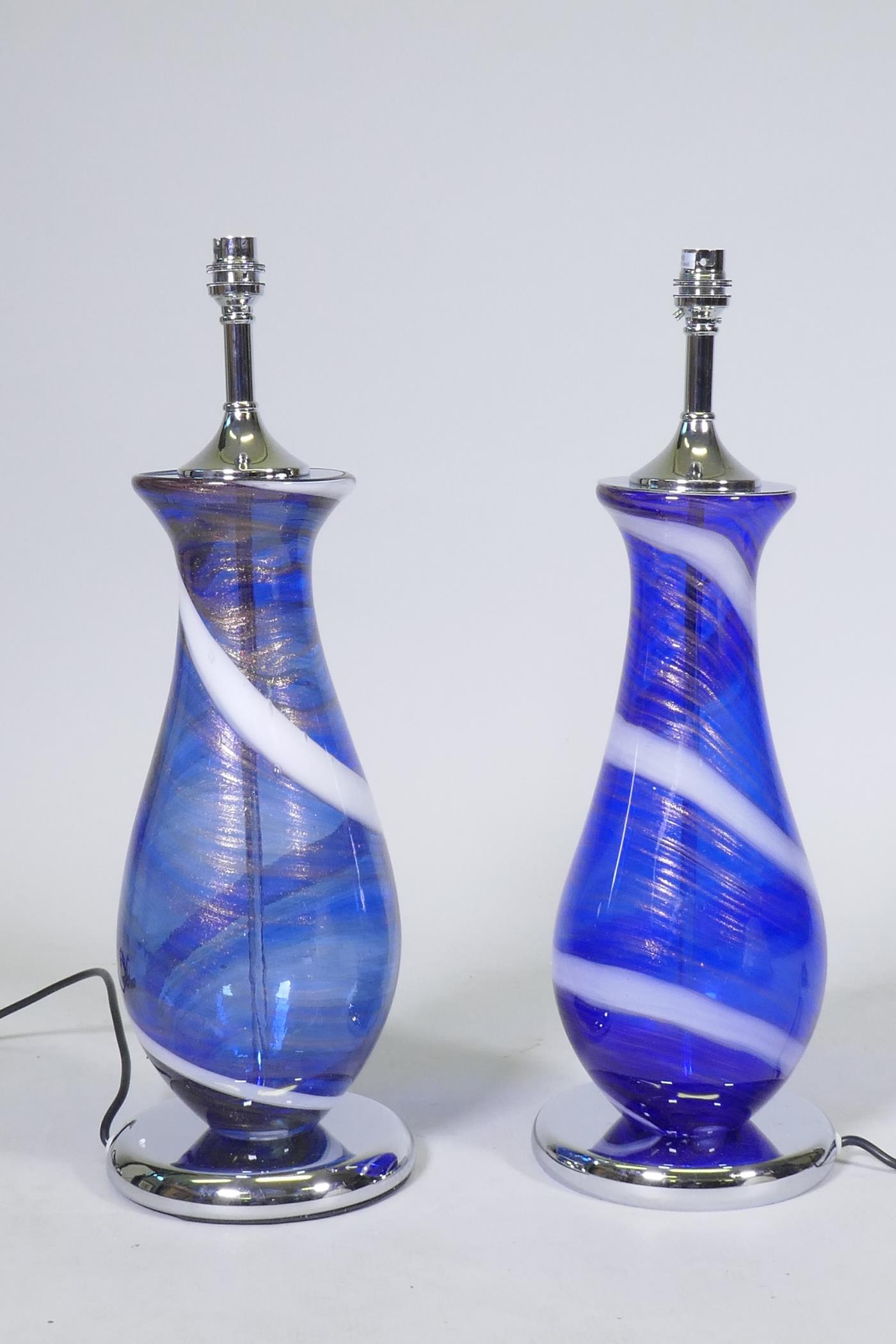 A pair of Murano style blue glass table lamps with swirled and aventurine decoration, mounted on - Image 2 of 2