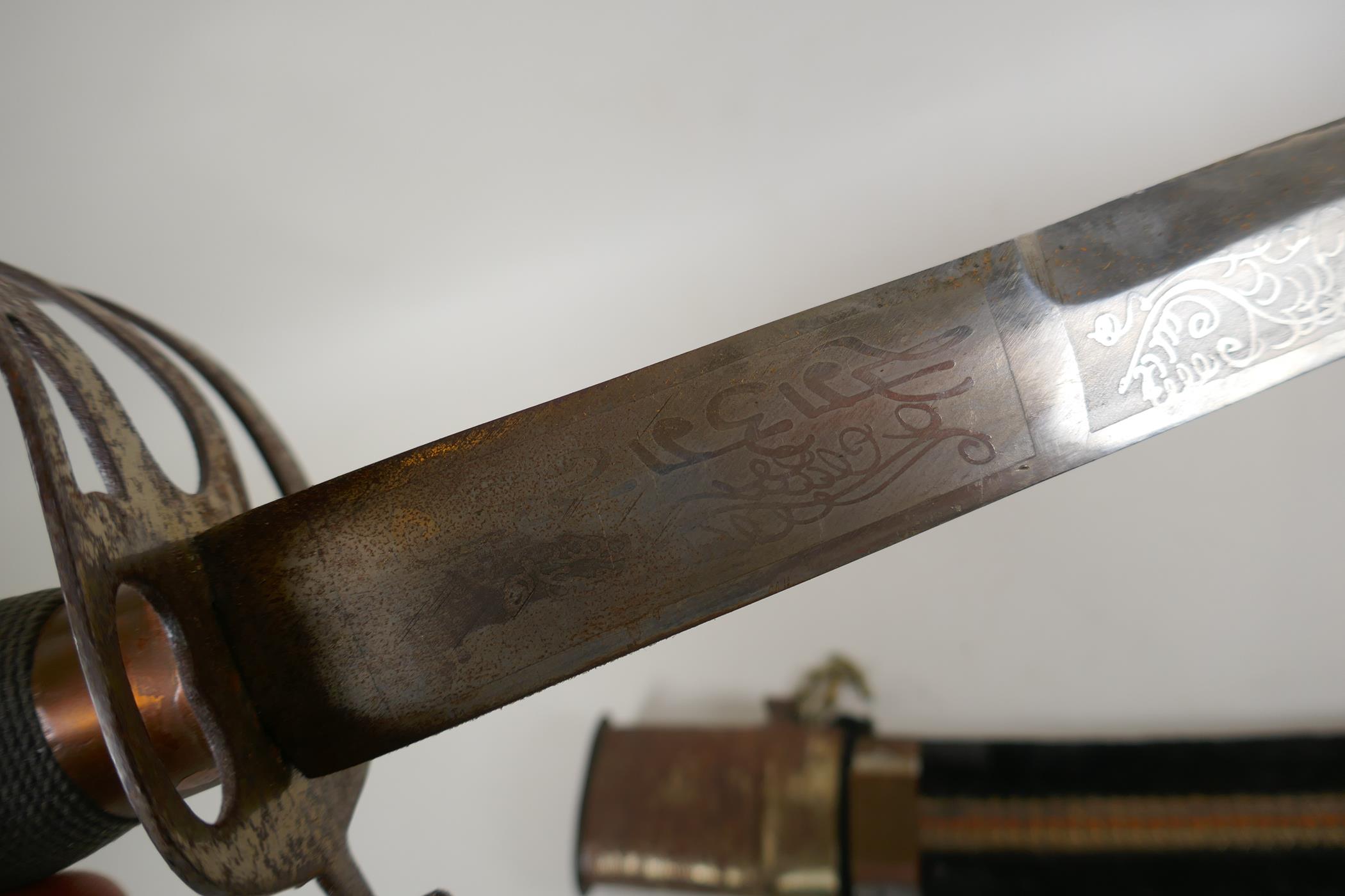 An Indian sabre with brass hilt and copper mounts, together with another smaller, longest blade 75cm - Image 4 of 7