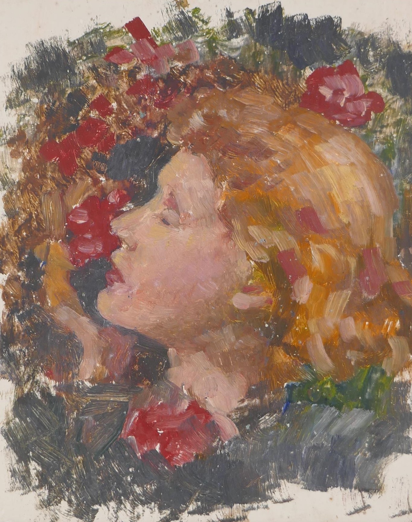 Pre-Raphaelite style head study of a young lady with flowers, gilded oak frame, oil on board, 28 x