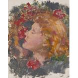 Pre-Raphaelite style head study of a young lady with flowers, gilded oak frame, oil on board, 28 x