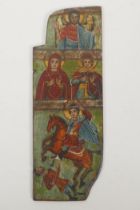 An C18th Greek icon panel from a triptych depicting saints, oil on board, 10 x 29cm