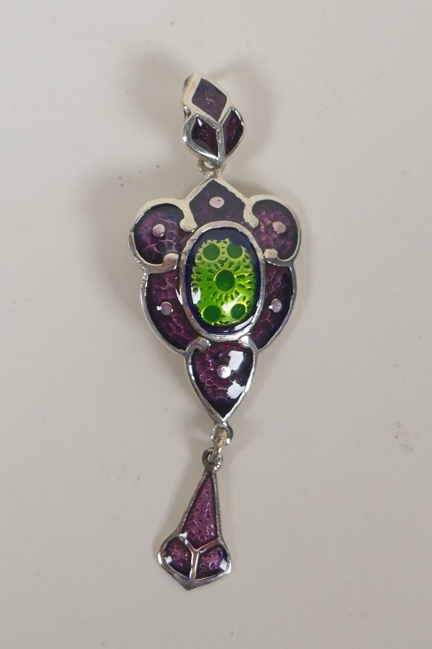 A sterling silver and enamel Art Nouveau style pendant, and another, 6cm drop - Image 2 of 3