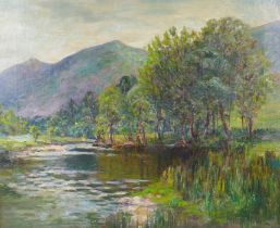 Phelan Gibb, (British, 1870-1948), extensive river landscape, oil on canvas, 50 x 60cm