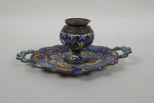 An antique French champleve enamel ink well, 20 x 14cm