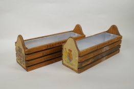 A pair of vintage style wood herb planters with metal liners and 'Harrods' decoration, 35 x 11cm