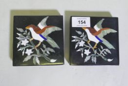 Two pietra dura inlaid tiles with bird decoration, 10 x 10 x 2cm