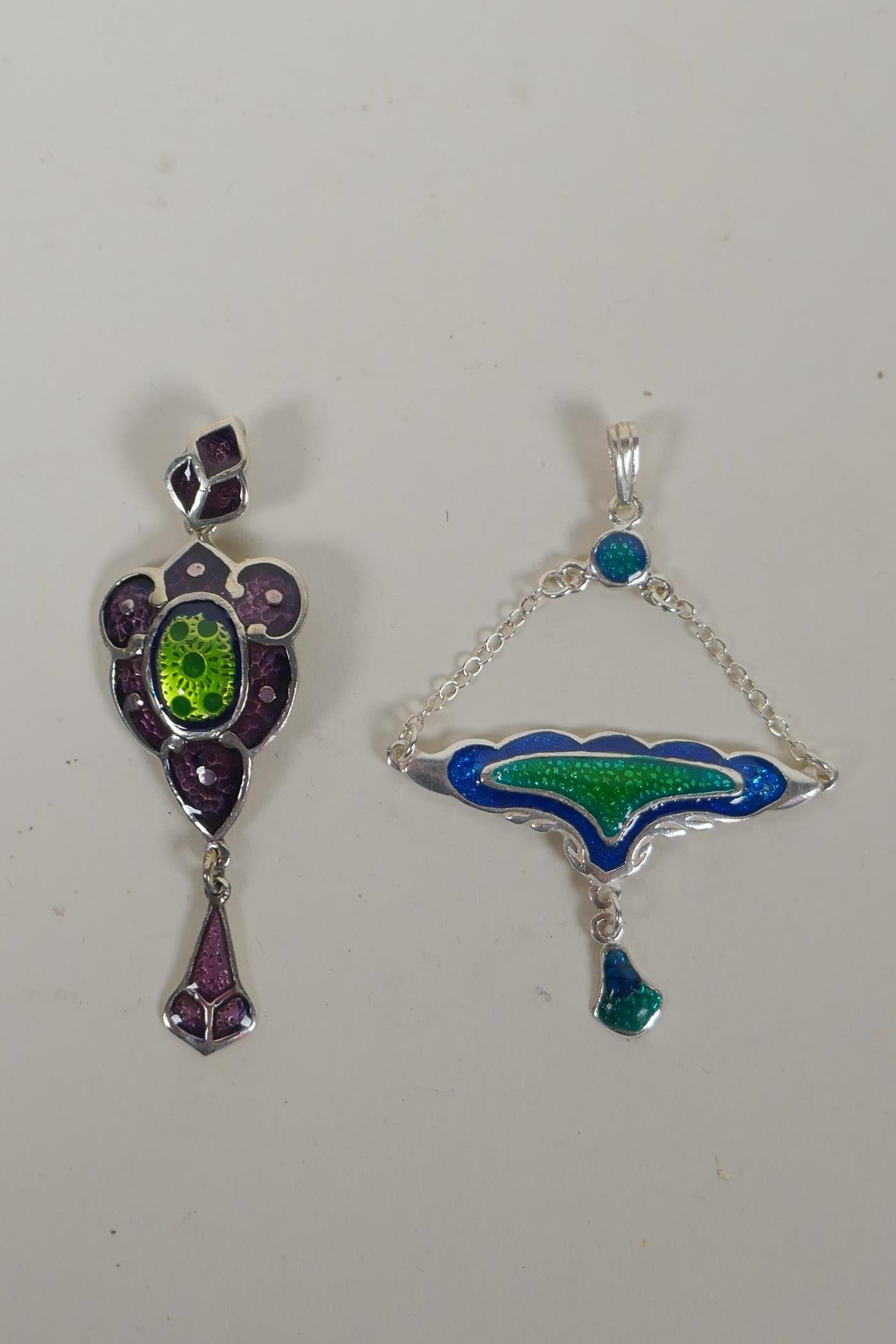 A sterling silver and enamel Art Nouveau style pendant, and another, 6cm drop