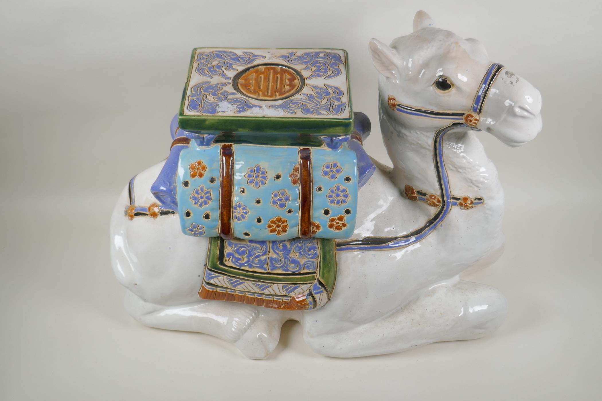 A Chinese ceramic garden seat in the form of a camel, 60cm long, 45cm high - Image 2 of 6