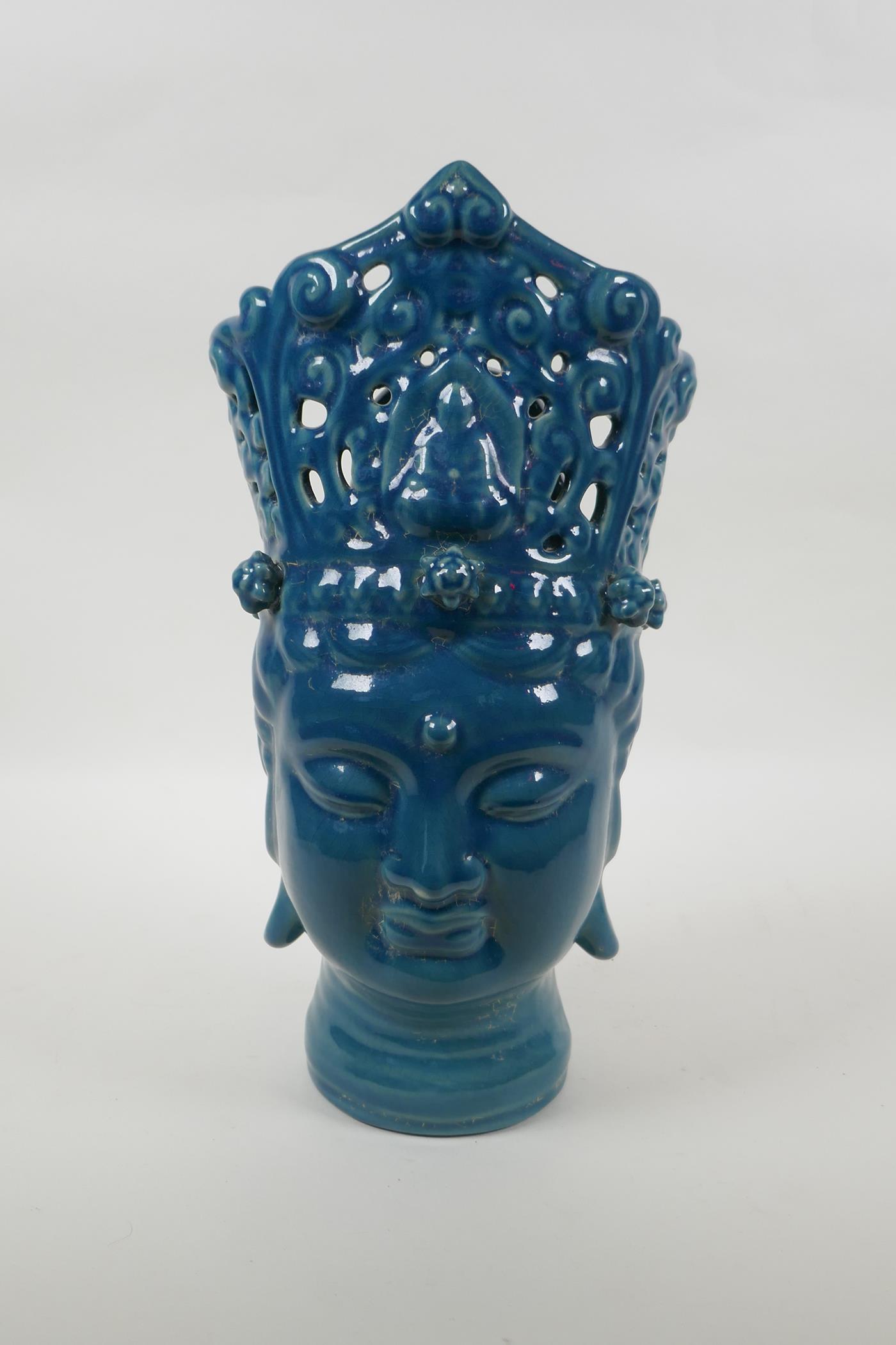 A Chinese teal crackle glazed ceramic head bust of Guan Yin, 37cm high