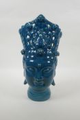 A Chinese teal crackle glazed ceramic head bust of Guan Yin, 37cm high