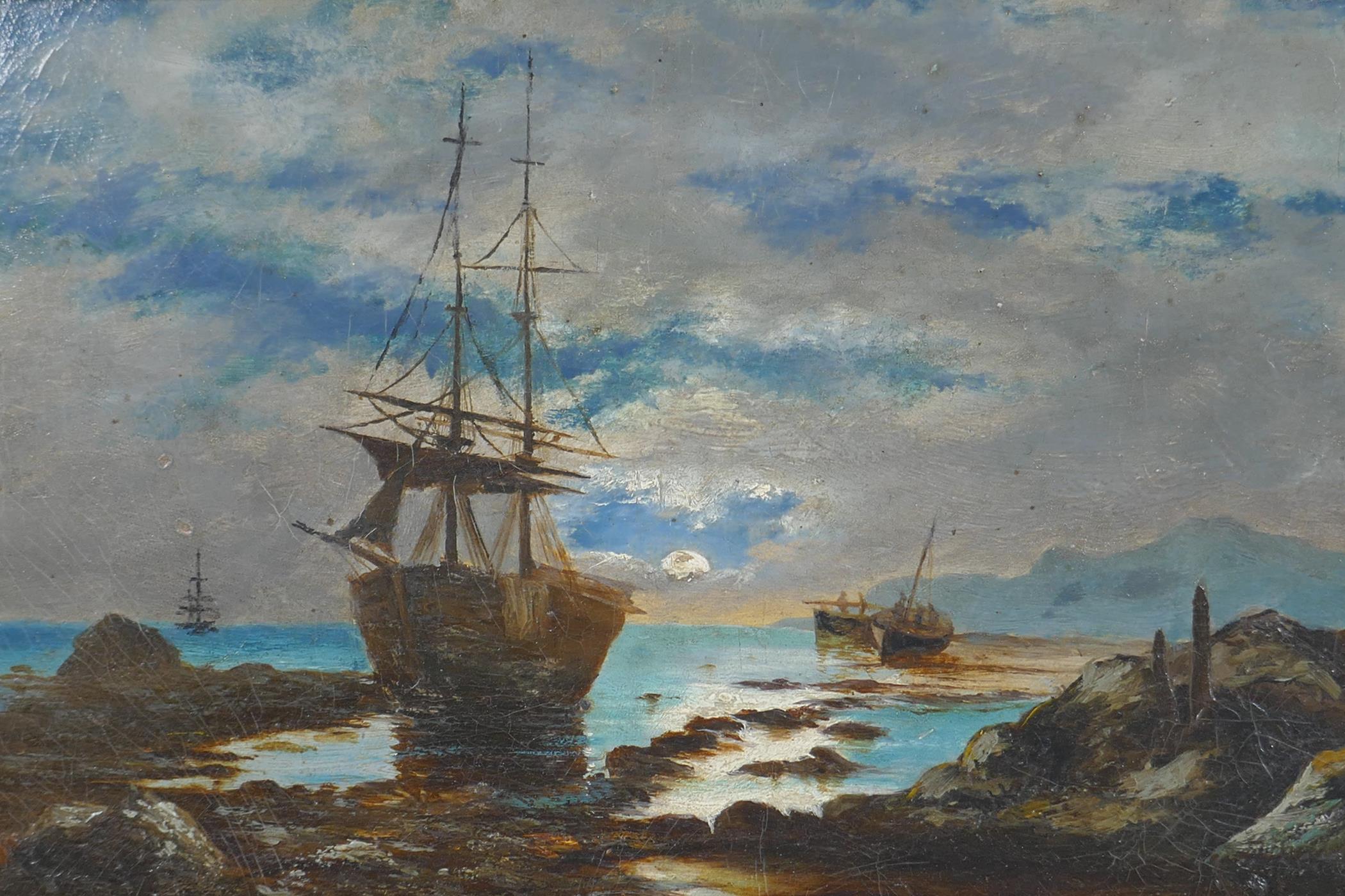 Boats in a moonlit coastal inlet, C19th oil on millboard, 17 x 29cm