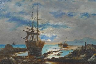 Boats in a moonlit coastal inlet, C19th oil on millboard, 17 x 29cm