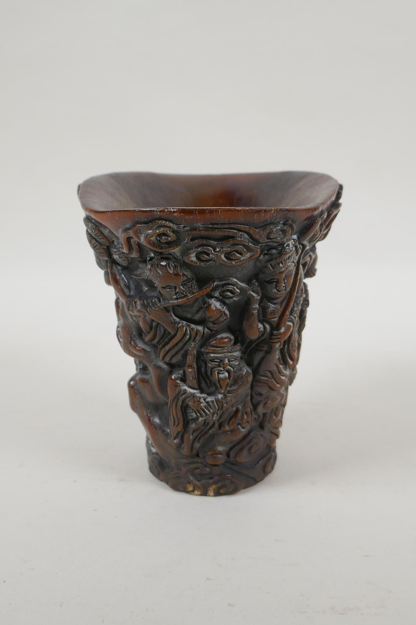 A Chinese faux horn libation cup with carved decoration of the Eight Immortals, 4 character mark - Image 4 of 6