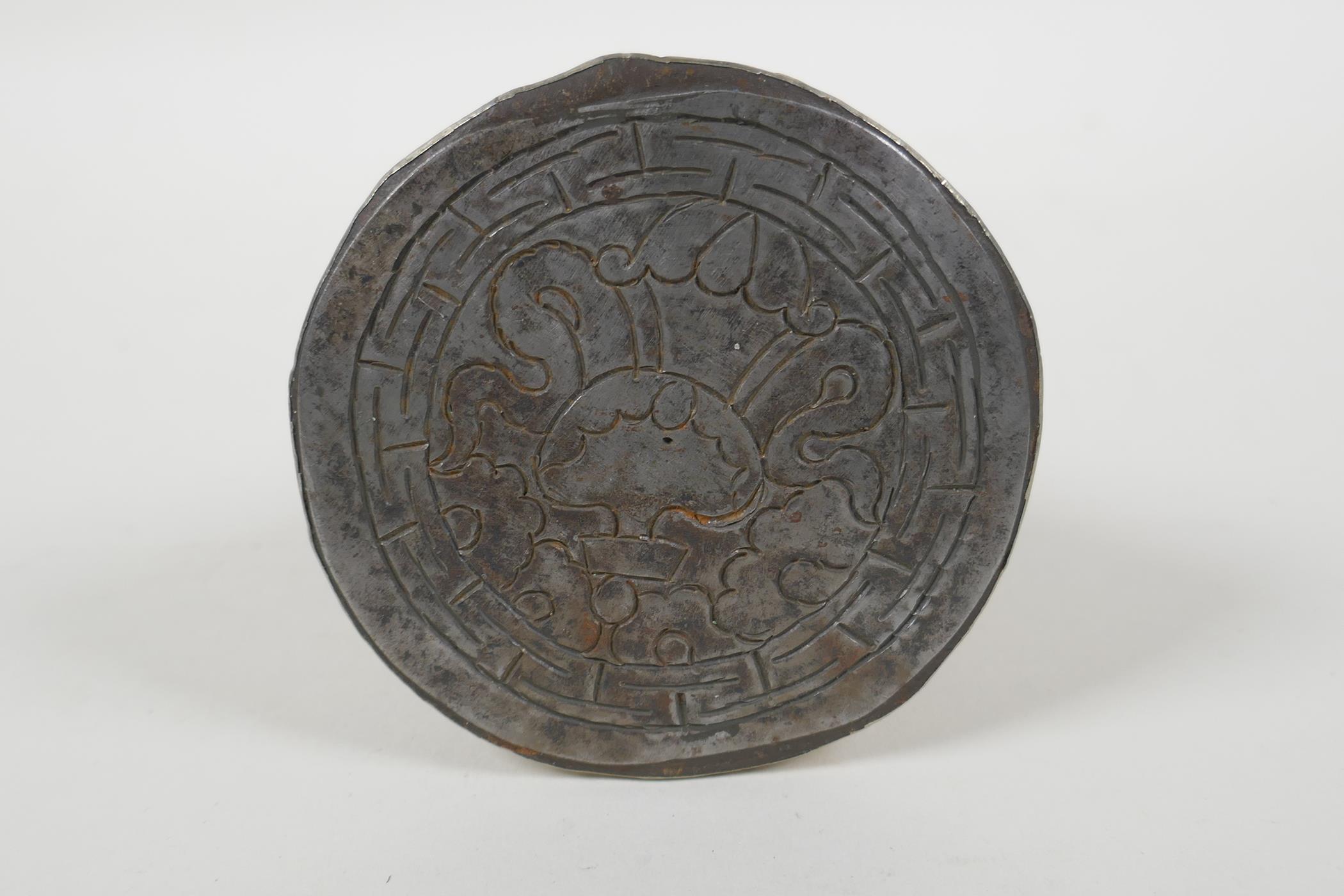 A Tibetan white metal temple seal set with a faux amber rondel, 16cm high - Image 3 of 3