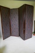 A Victorian mahogany four fold screen with faux leather and mirrored panels, AF, each fold 63 x