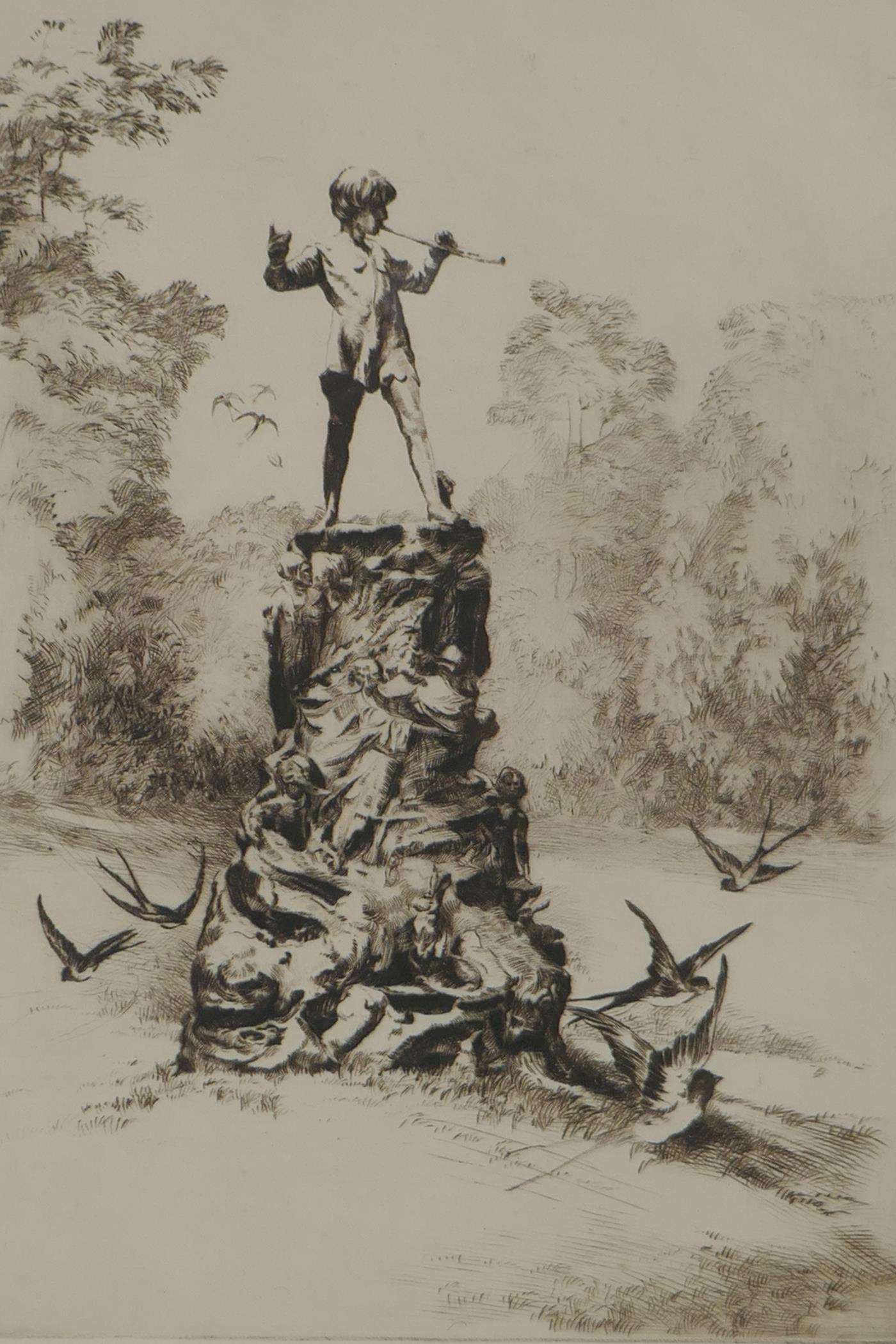 An early C20th engraving of the Peter Pan Statue after George Frampton and J.M. Barrie, indistinctly