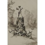 An early C20th engraving of the Peter Pan Statue after George Frampton and J.M. Barrie, indistinctly