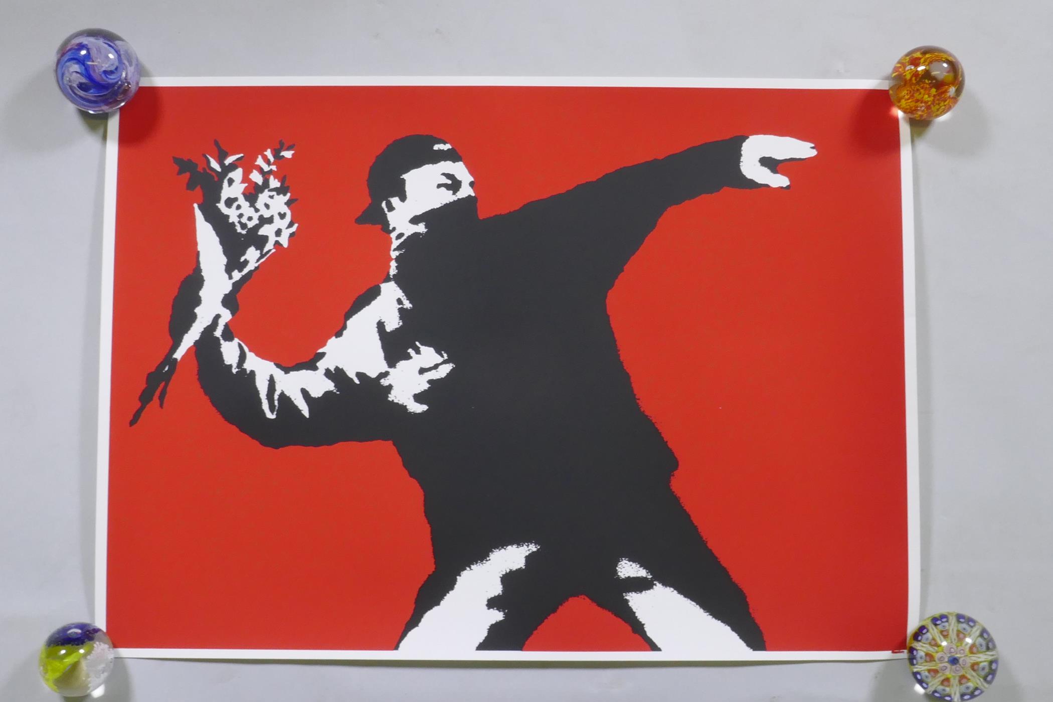 After Banksy, Love is in the Air, (Flower Thrower), limited edition copy screen print, No 240/500, - Image 2 of 4