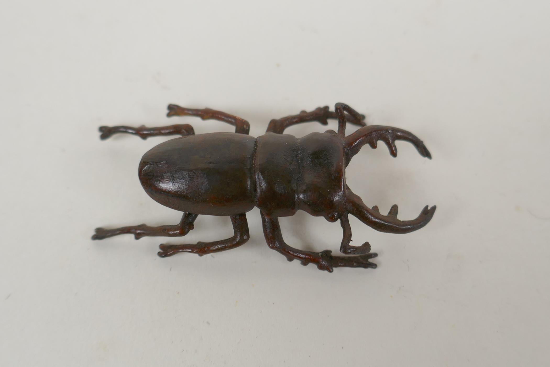 A Japanese style bronze okimono stag beetle, 5cm long - Image 2 of 3