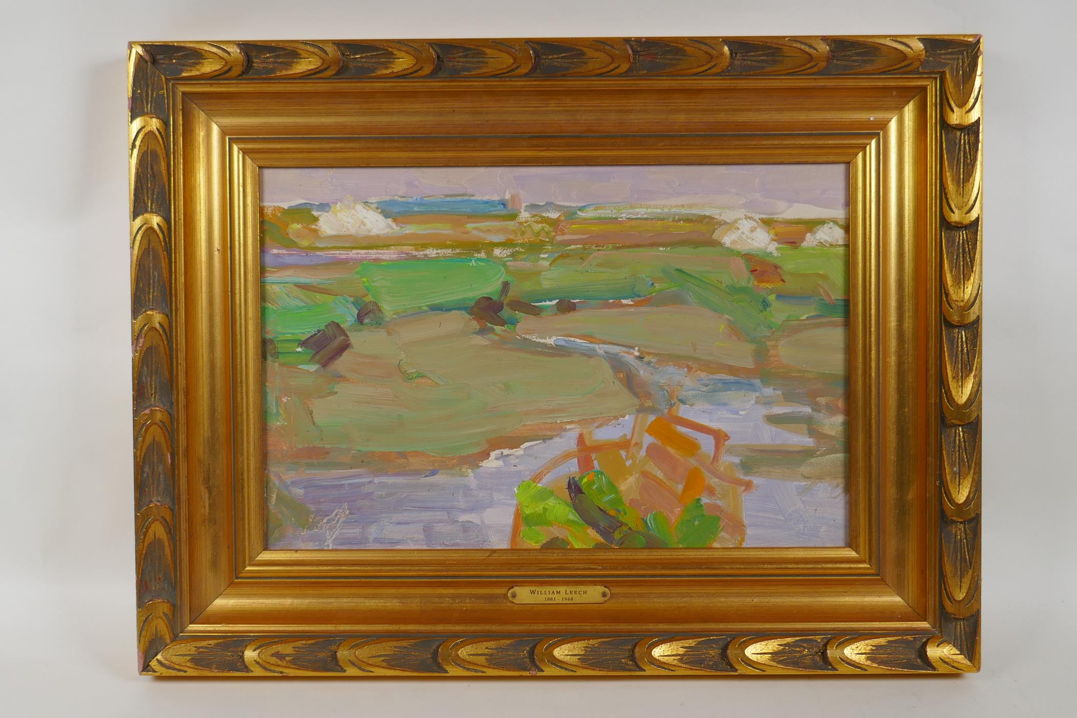 Coastal scene with boat wreck to foreground, inscribed on frame plaque 'William Leech', oil on - Image 2 of 3