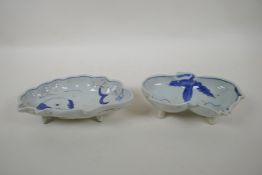 A Japanese Meiji period blue and white porcelain sauce bowl in the form of peaches, and another in