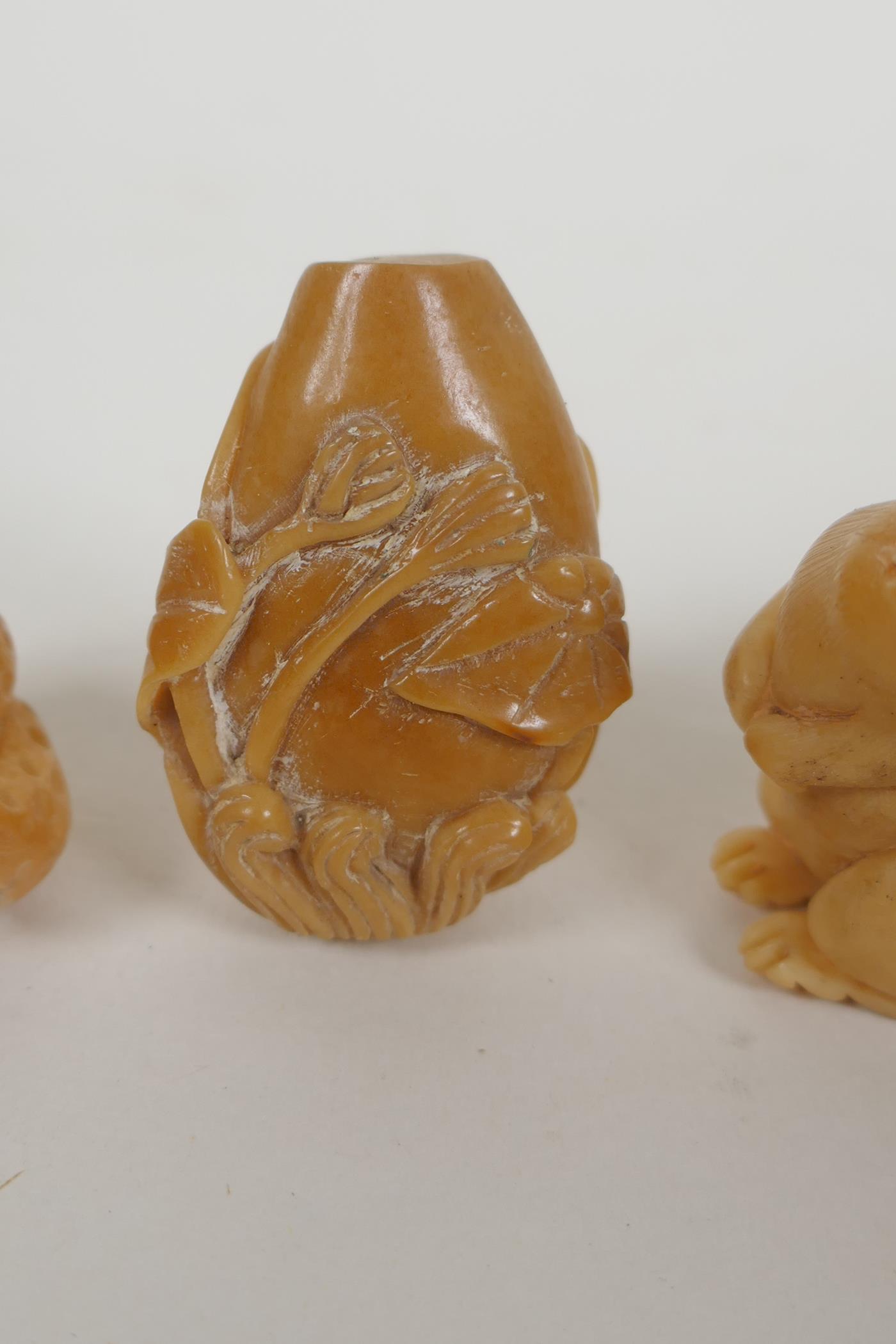 Five Japanese carved tagua nut netsuke in the form of rabbits, mice, lotus flowers and a snake, - Image 3 of 5