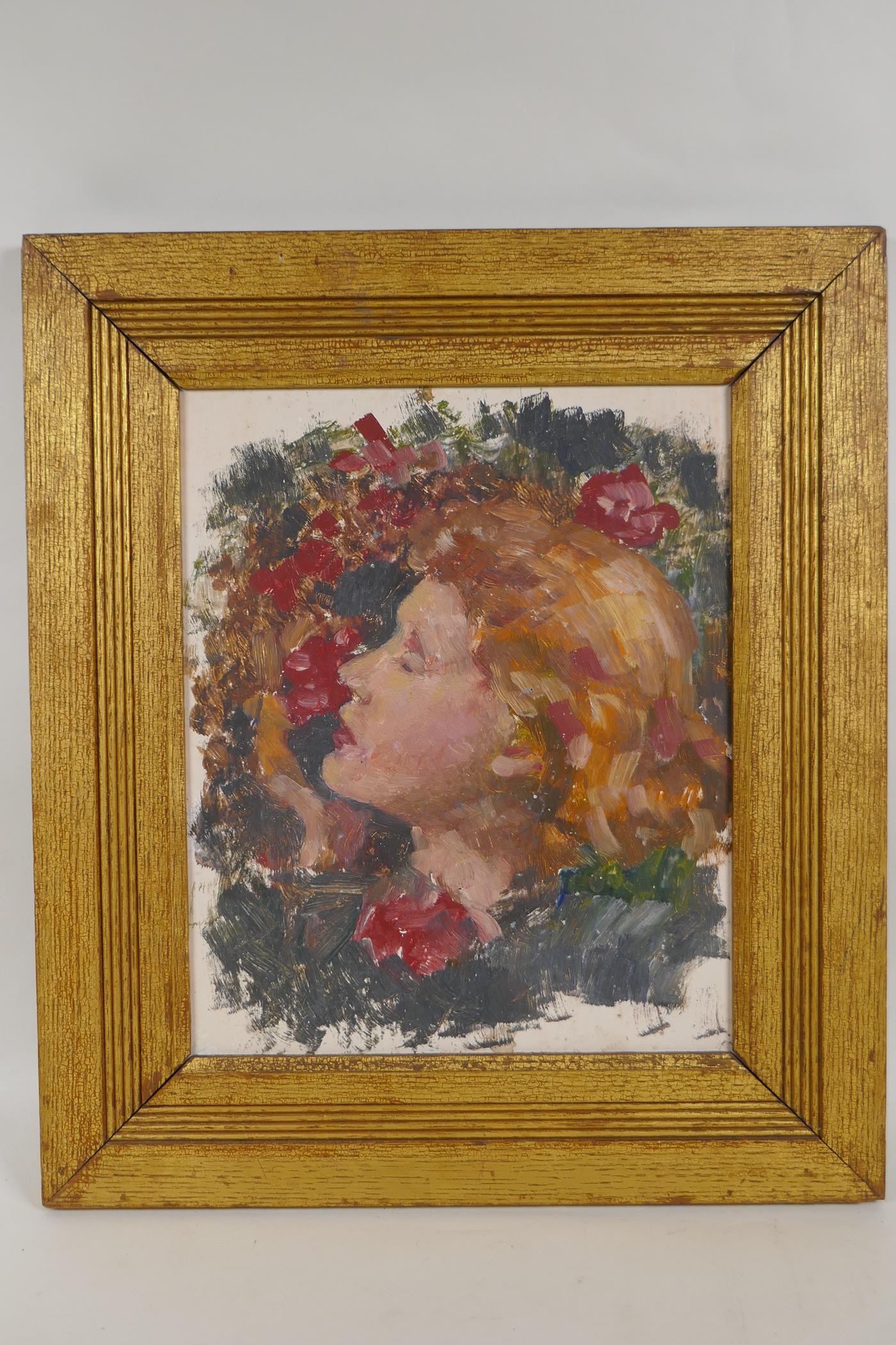 Pre-Raphaelite style head study of a young lady with flowers, gilded oak frame, oil on board, 28 x - Image 2 of 3