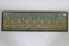 An antique Islamic silk textile, with gilt thread embroidered decoration, 94 x 26cm