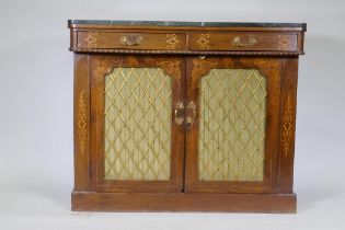 A Victorian inlaid walnut chiffonier with ver de mer marble top, 104 x 36cm, 86cm high