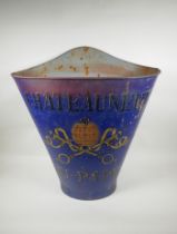 A French style blue printed metal grape picker's hopper, decorated with a Chateau Neuf du Pape