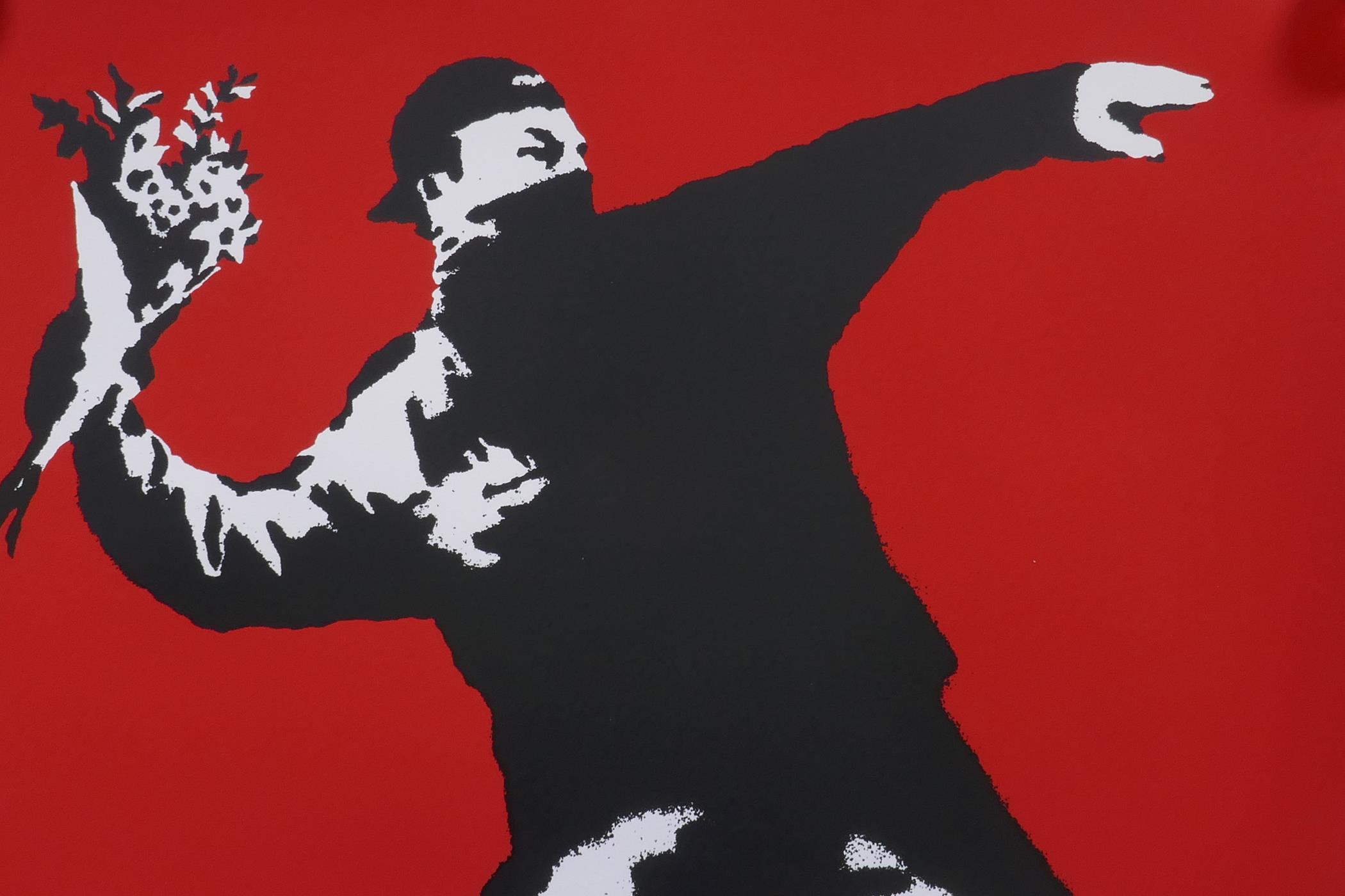 After Banksy, Love is in the Air, (Flower Thrower), limited edition copy screen print, No 240/500,