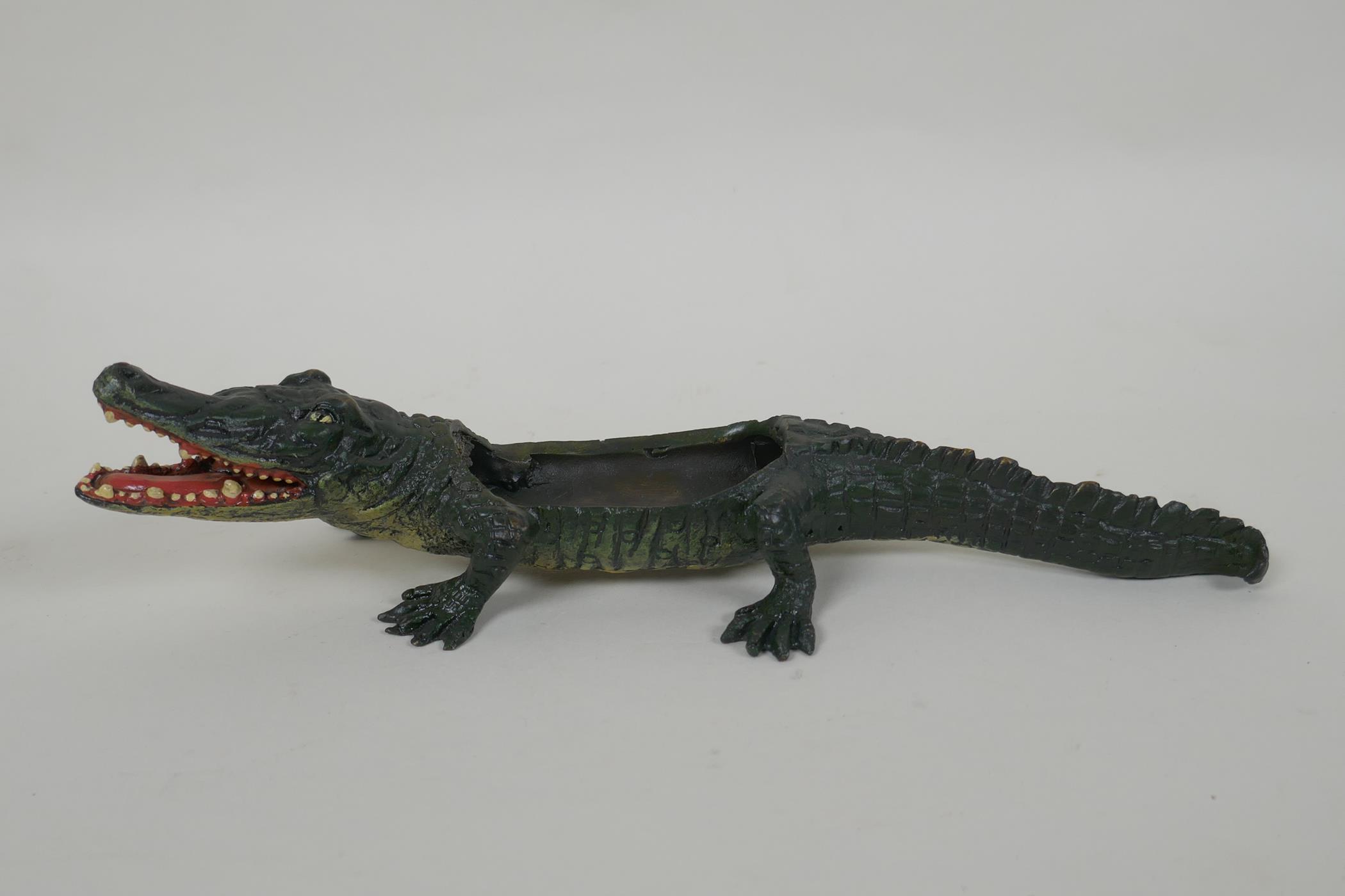 An Austrian cold painted bronze pin tray in the form of a crocodile, 22cm long