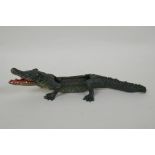 An Austrian cold painted bronze pin tray in the form of a crocodile, 22cm long