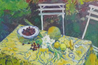 Thea Dupays, still life, table in a garden, signed, oil on canvas, 51 x 61cm
