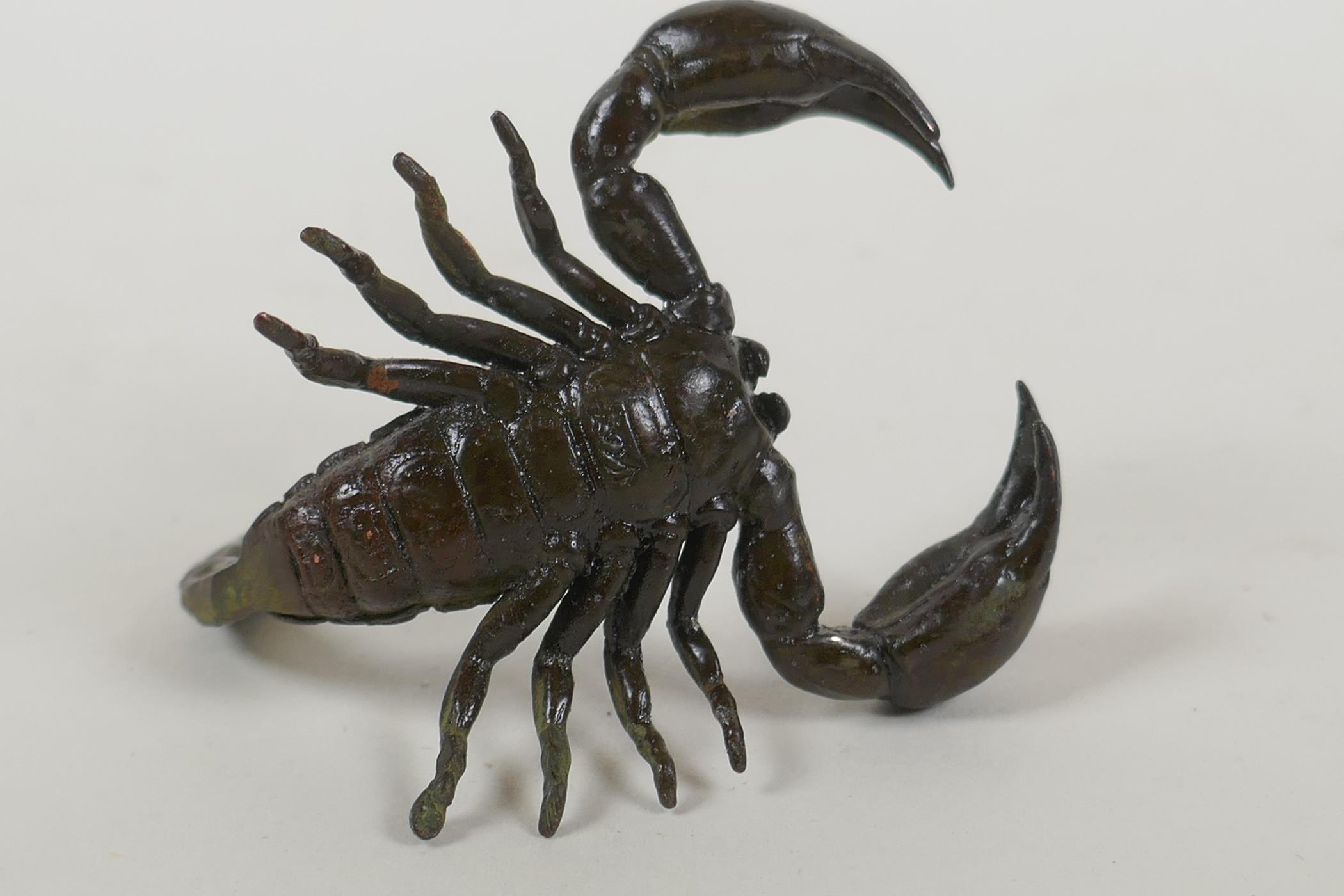 A Japanese style bronze okimono scorpion, indistinct mark to base, 5cm long - Image 3 of 3