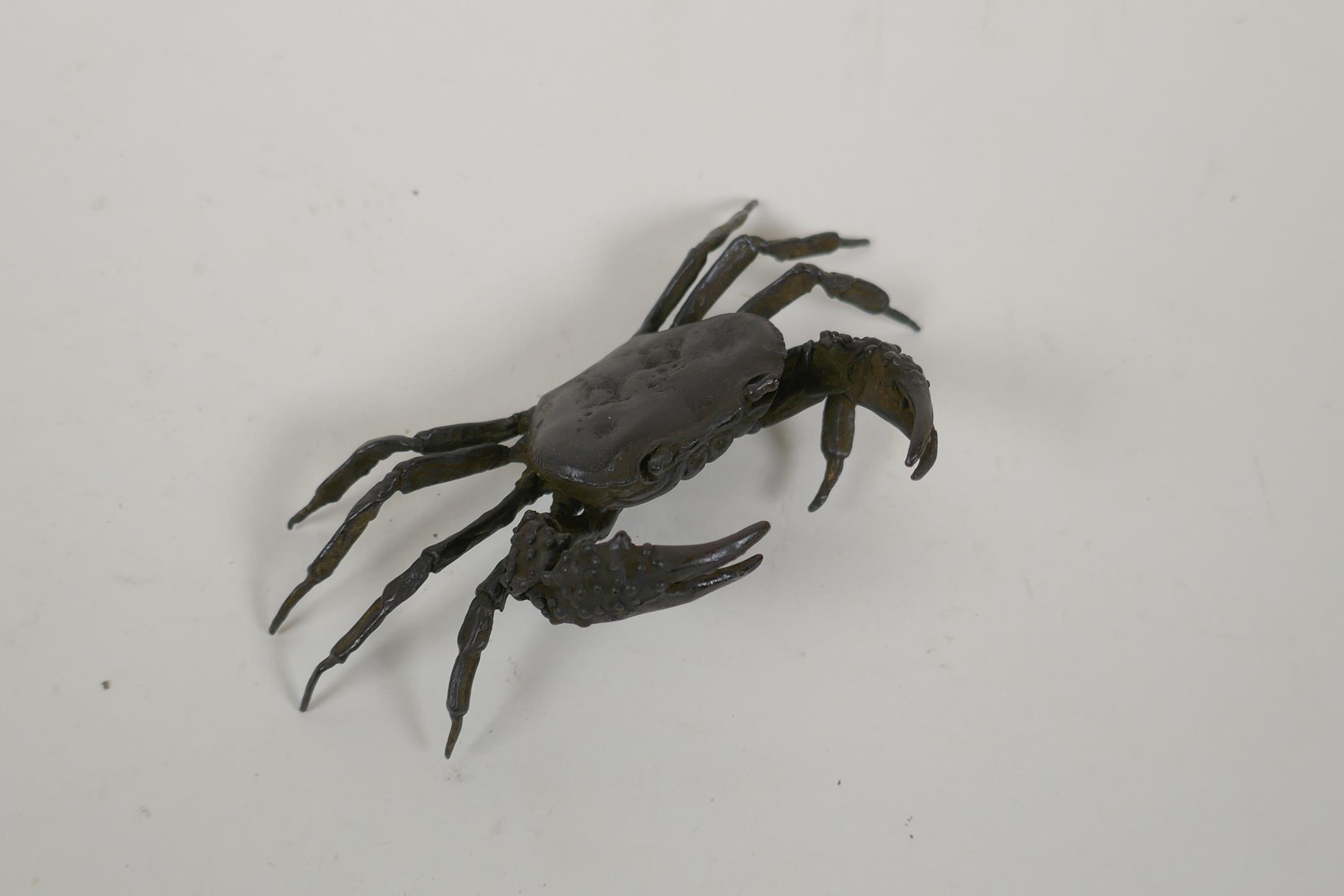 A Japanese style bronze okimono crab, impressed mark to base, 13cm wide - Image 3 of 4