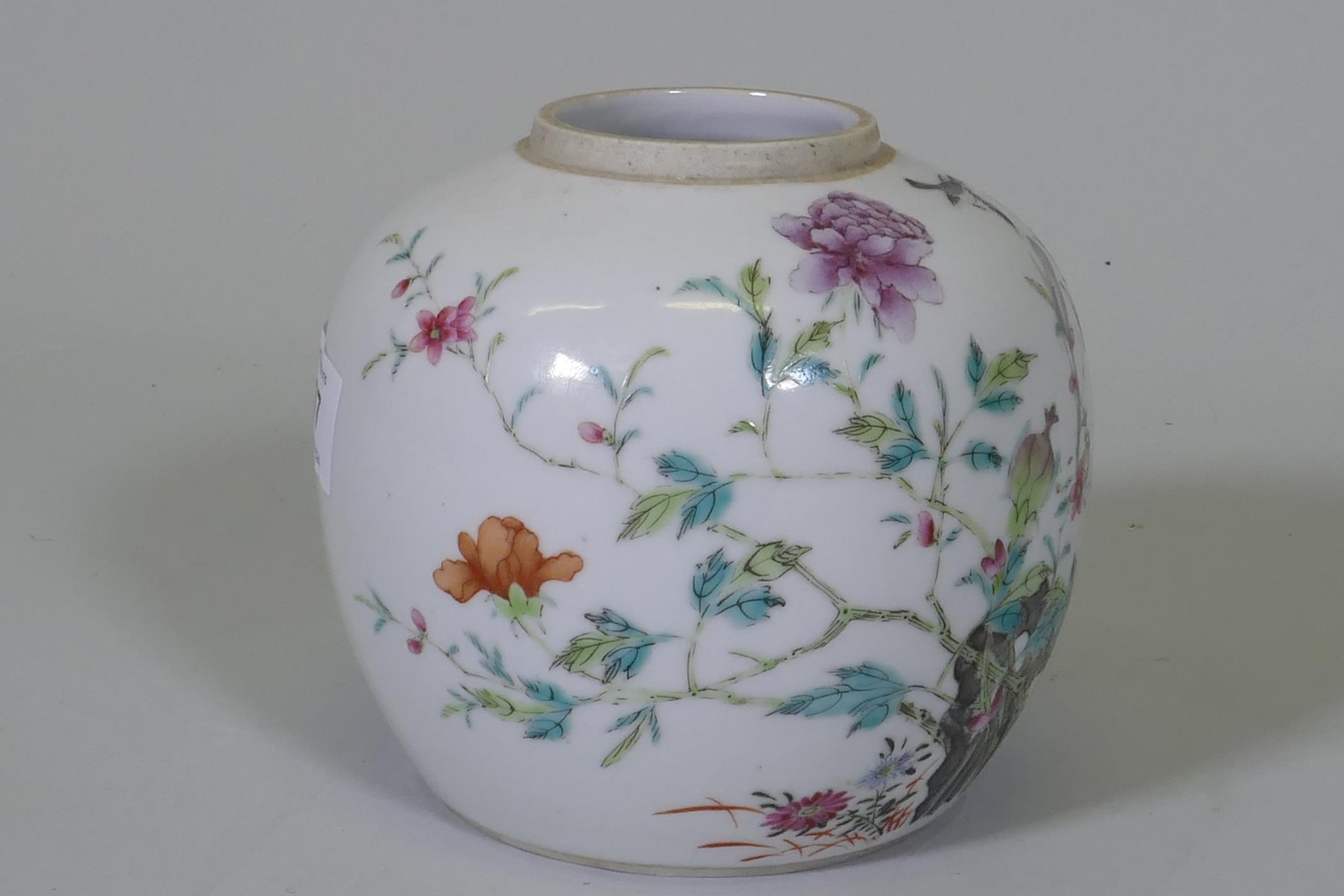 An antique Chinese famille verte storage jar, with enamel painted decoration of a rock garden, and - Image 4 of 6