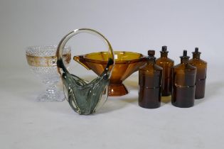 An Art Deco amber glass bowl, 33cm wide x 16cm high, a Bohemian basket shaped glass vase, a cut