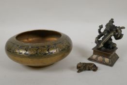 An Indian bronze figure of Ganesh playing a sitar, and a smaller bronze figure of a tiger, largest